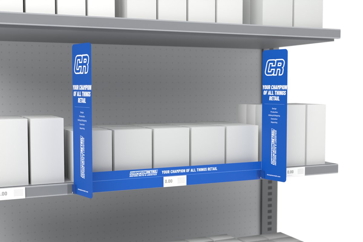 Bookend blades with shelf strip shown on a store shelf, Champion Retail sample art