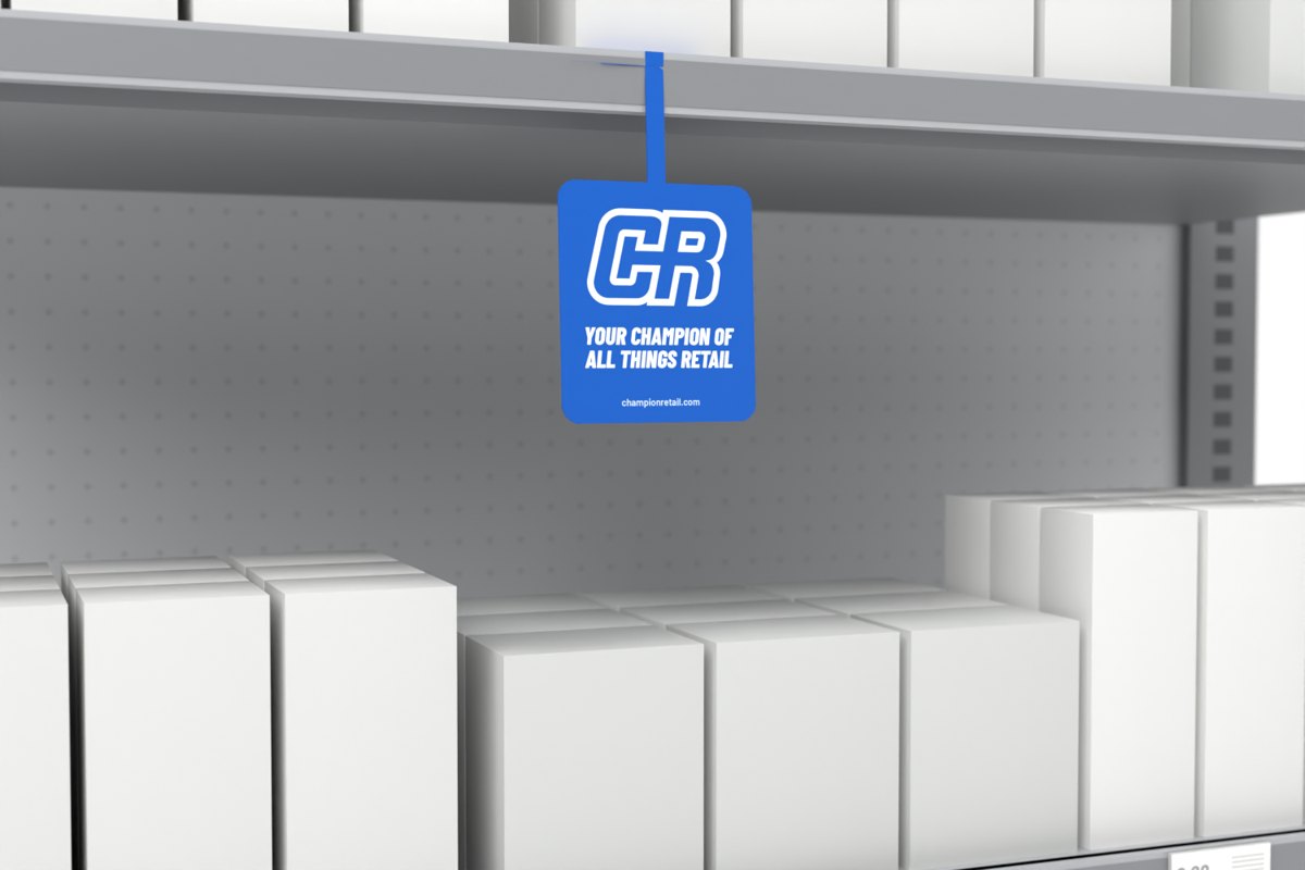 Shelf dangler shown on a store shelf, Champion Retail sample art