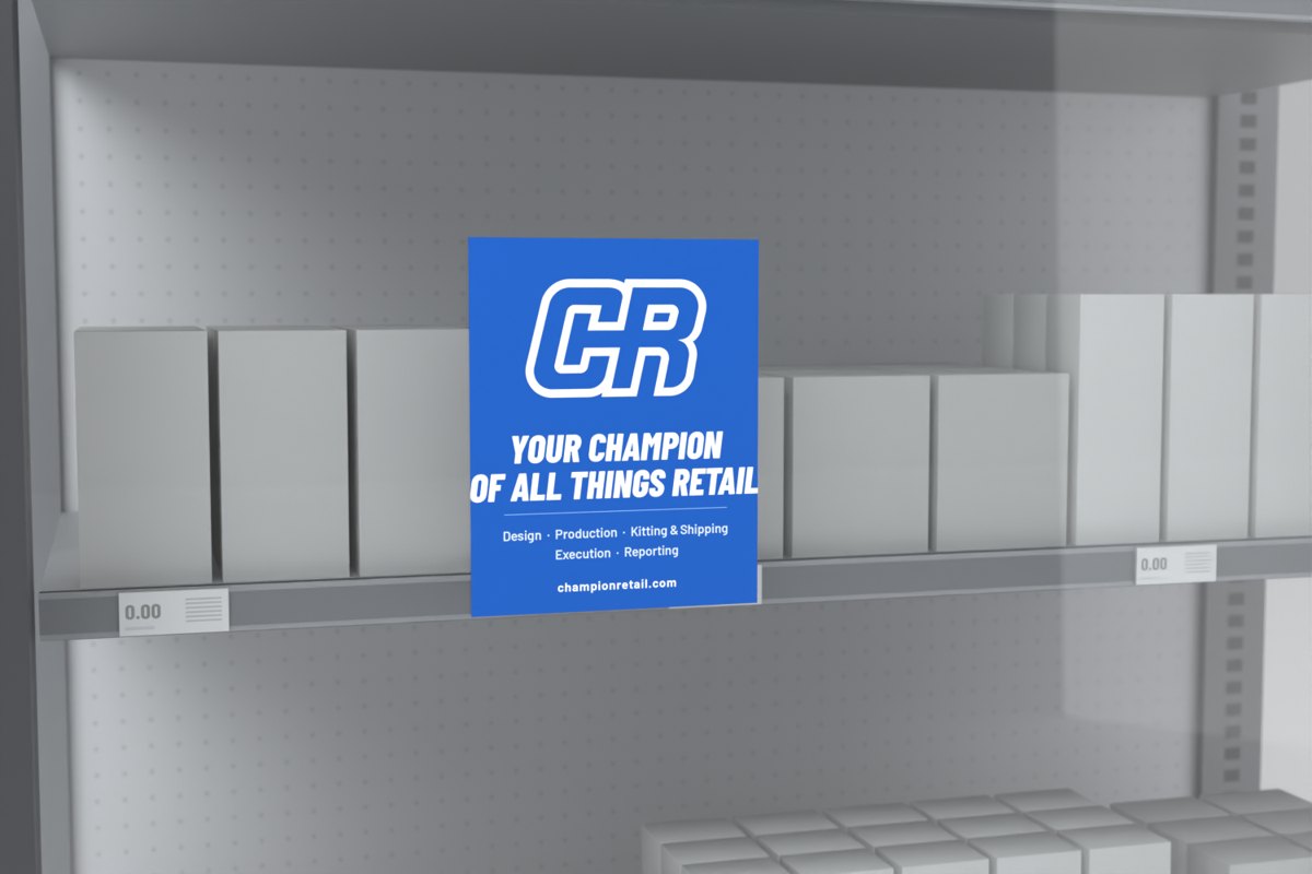 Freezer cling shown on a store shelf, Champion Retail sample art