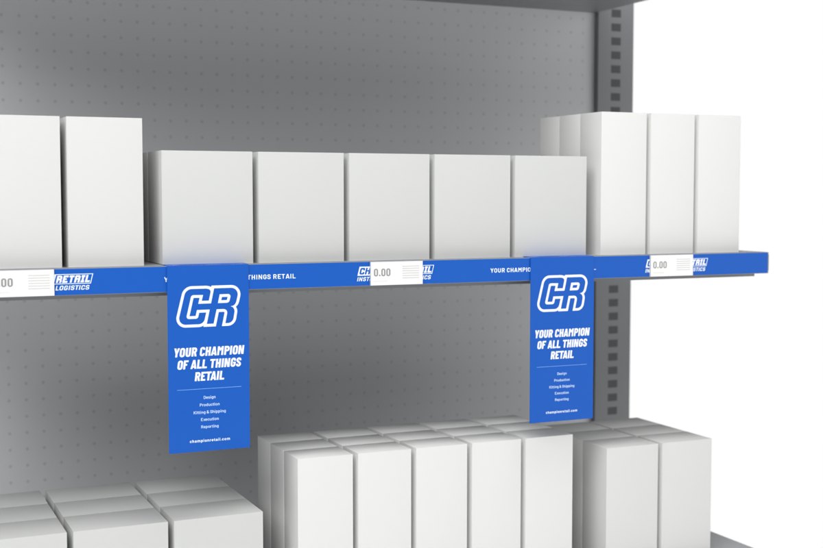 Over-shelf bookend talkers and strip shown on a store shelf, Champion Retail sample art