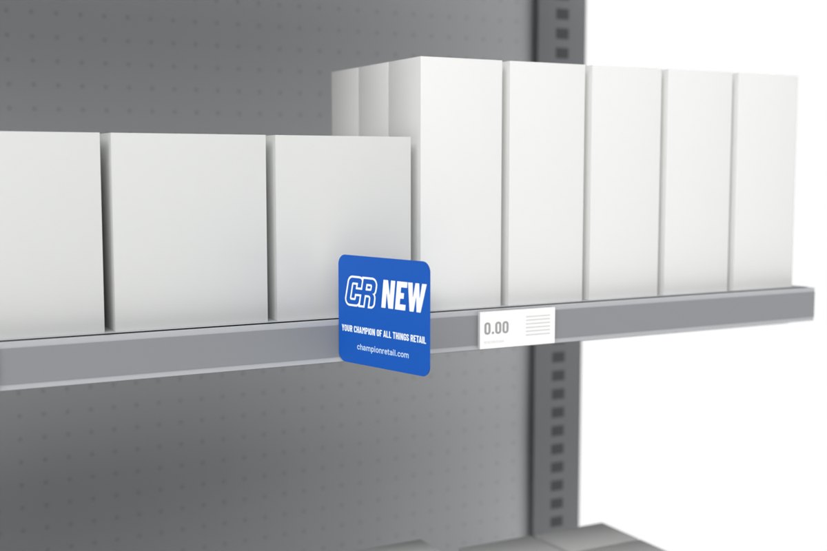Shelf flag shown on a store shelf, Champion Retail sample art